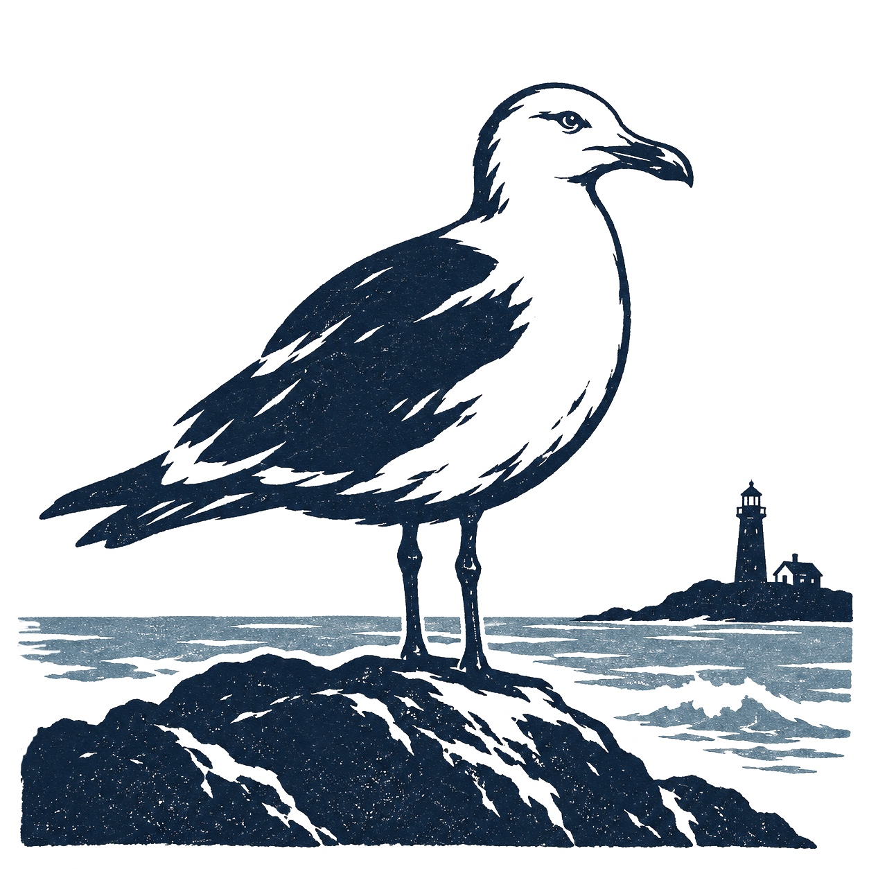 sea gull on rock bluff woodcut